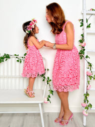 Mommy & Me Spring Pink Dress w/ Crochet Overlay