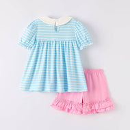 Girls Back To School Blue Stripes Pencil Embroidered Short Set