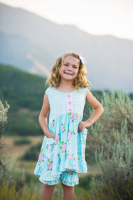 Girls Light Blue Pink Flower Stripe Ruffle Pocket Short Set