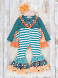 Cobalt & Orange Floral Stripe Bell Bottoms Outfit