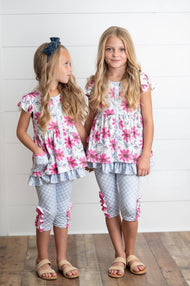 Girls Magenta Flower & Gray Check Pocket Capri Spring Set