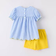 Girls Yellow Blue Back To School Pencil Applique Short Set