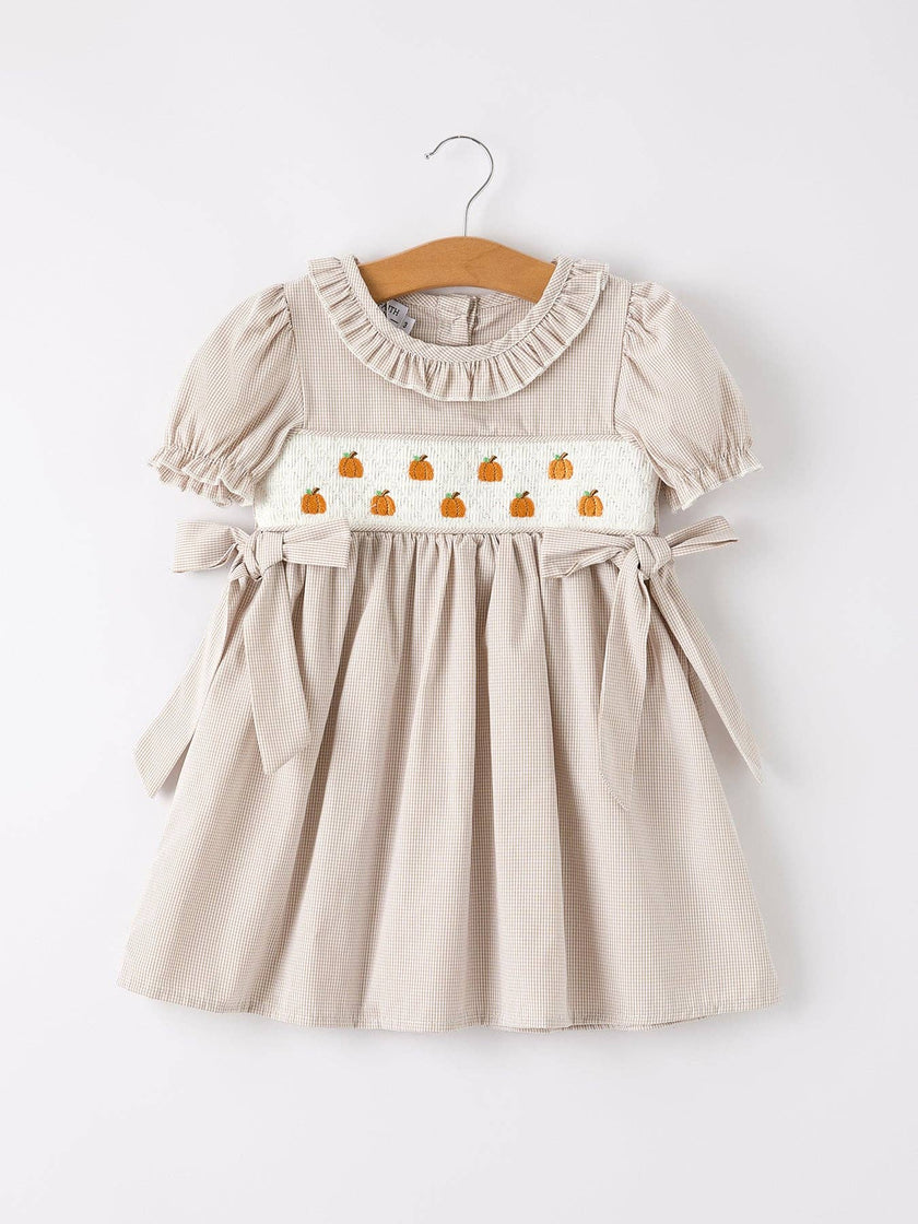 Halloween & Thanksgiving Pumpkin Embroidery Smock Plaid Girls Dress: 6