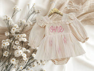 Baby Cream Long Sleeve Smocked “One” Birthday Romper Dress