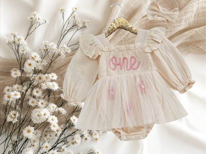 Baby Cream Long Sleeve Smocked “One” Birthday Romper Dress