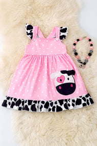 Pink polka dot cow applique dress w/ruffle trim