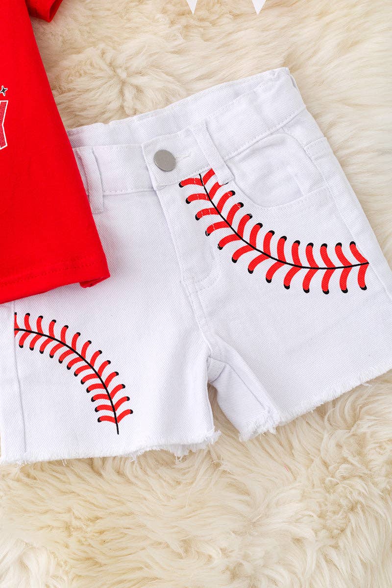 Game Day" Red baseball tee & white shorts.