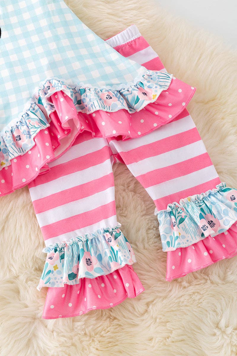 Gingham wagon application girls tunic w/ruffle & stripe bottoms.