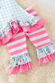 Gingham wagon application girls tunic w/ruffle & stripe bottoms.