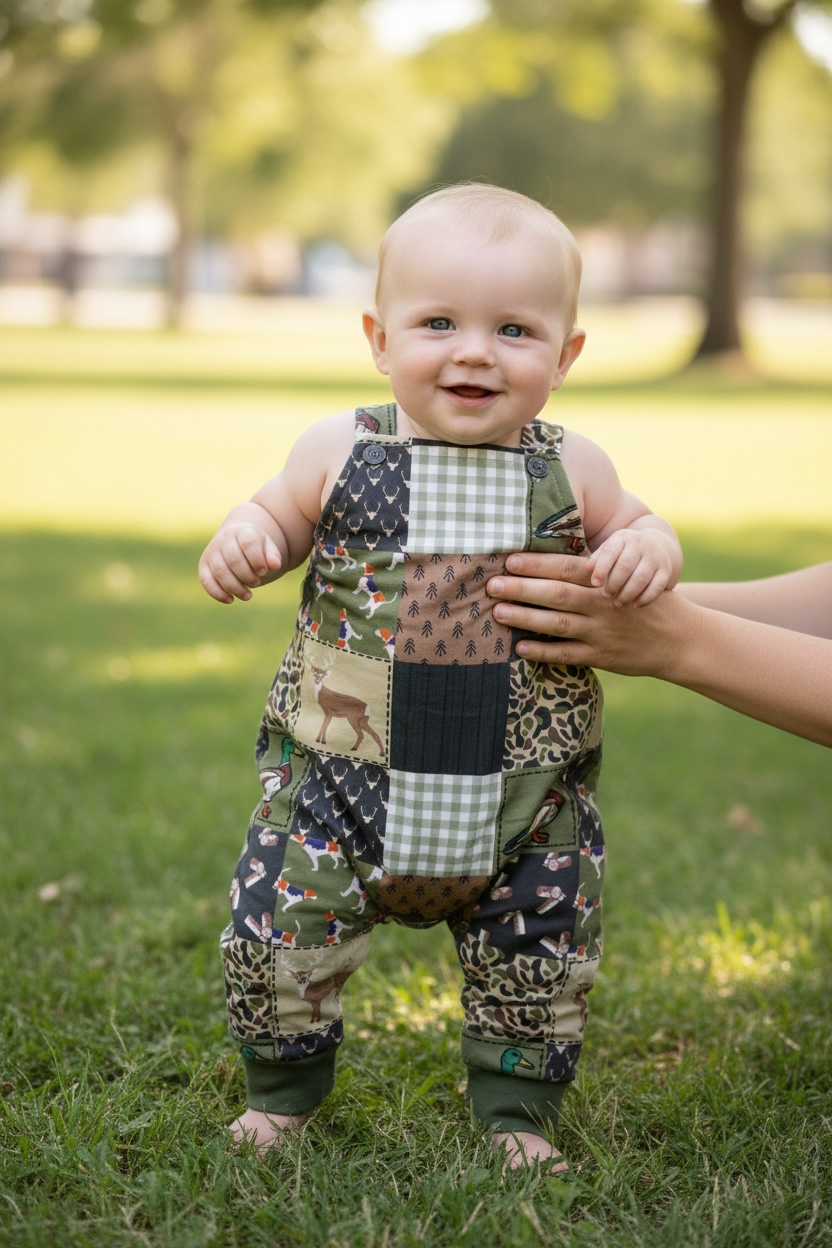Duck hunt multi-printed path baby romper.