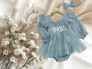 Baby Teal Long Sleeve Smocked “One” Birthday Romper Dress