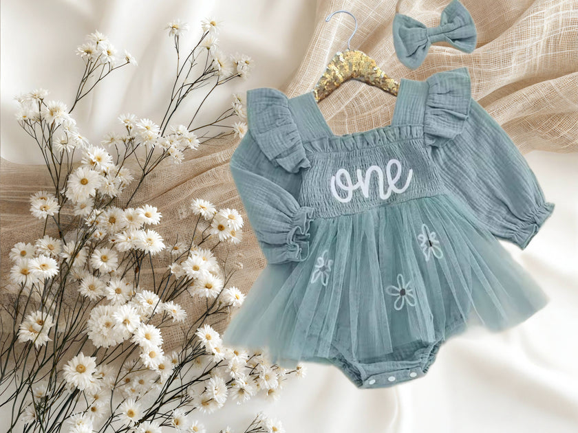 Baby Teal Long Sleeve Smocked “One” Birthday Romper Dress