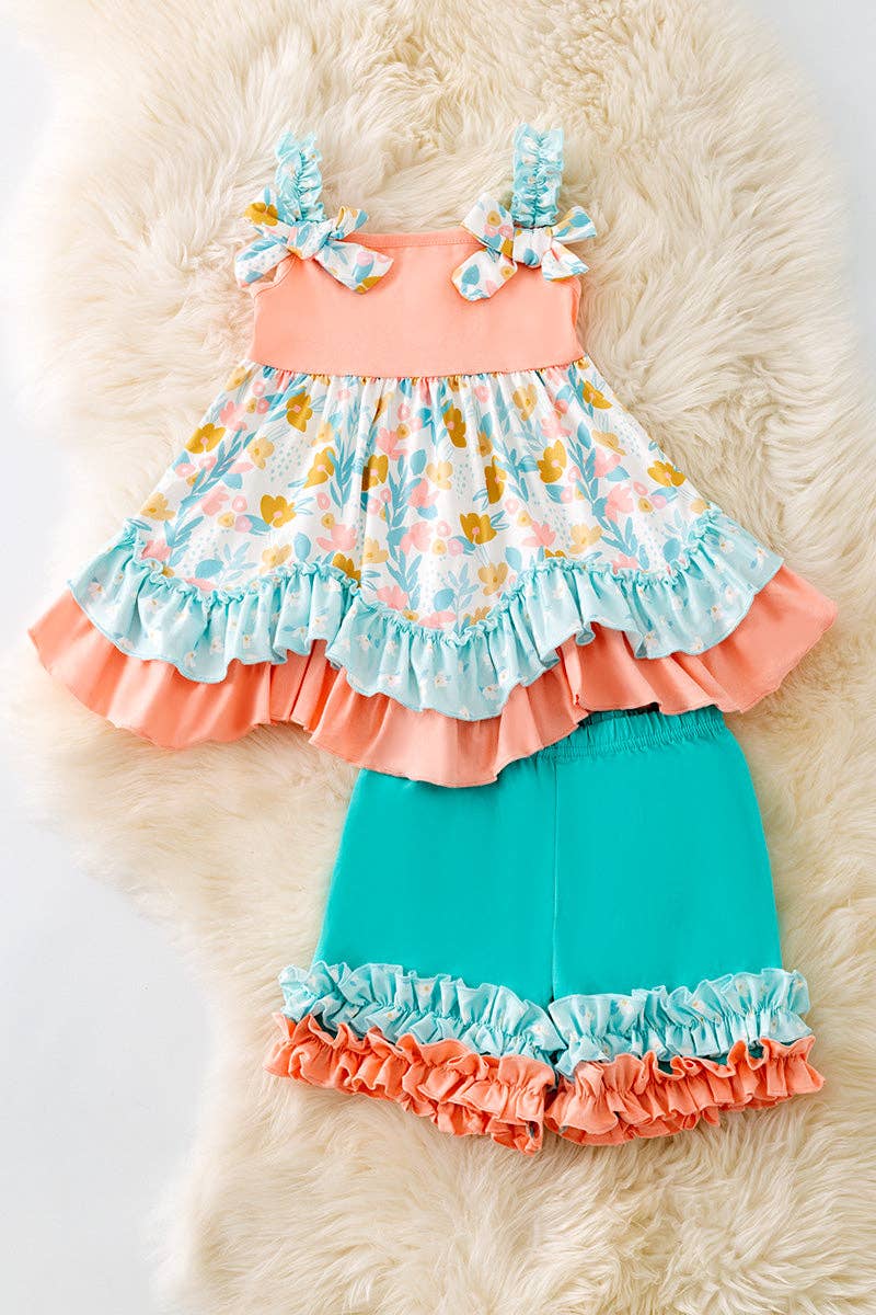 Peach & mint floral ruffle tunic & ruffle shorts.