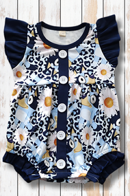 Blue* angel sleeve & ruffle hem baby romper.