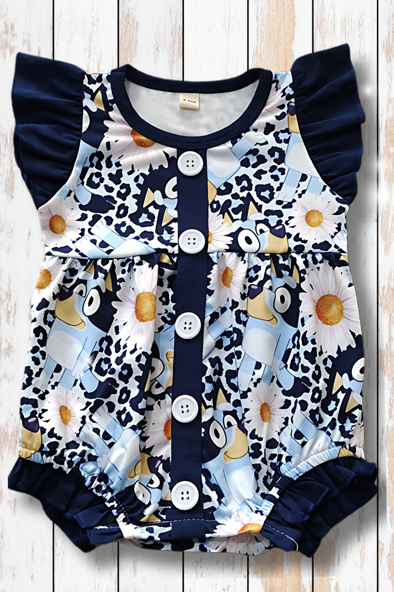 Blue* angel sleeve & ruffle hem baby romper.