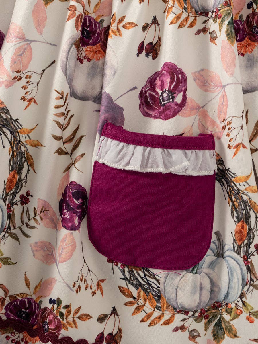Purple Floral Pumpkin Pocket Girl Smocked Dress