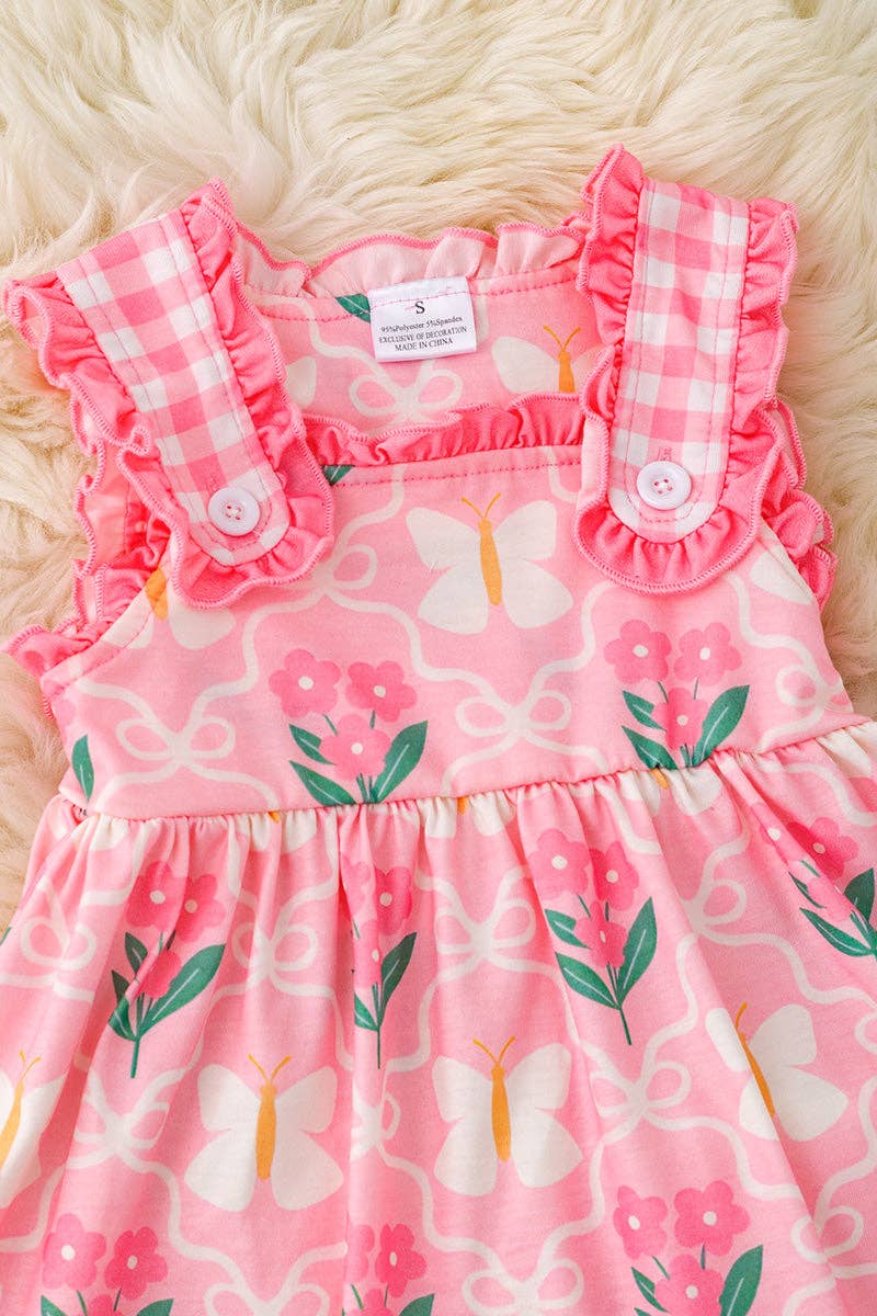 Pink butterfly/floral printed gingham girls 2 piece set.
