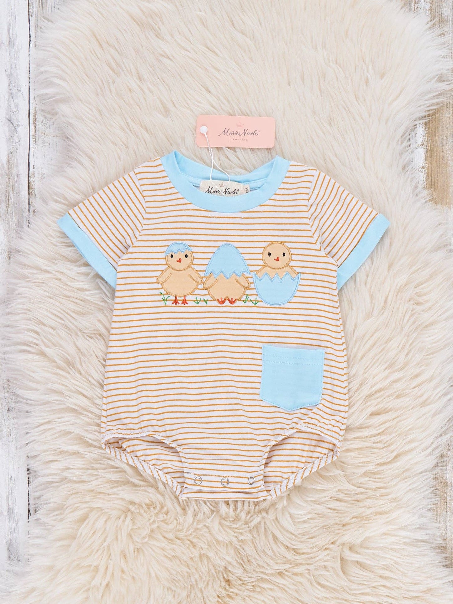 Peeping Chicks Striped Embroidered Cotton Onesie