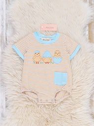 Peeping Chicks Striped Embroidered Cotton Onesie