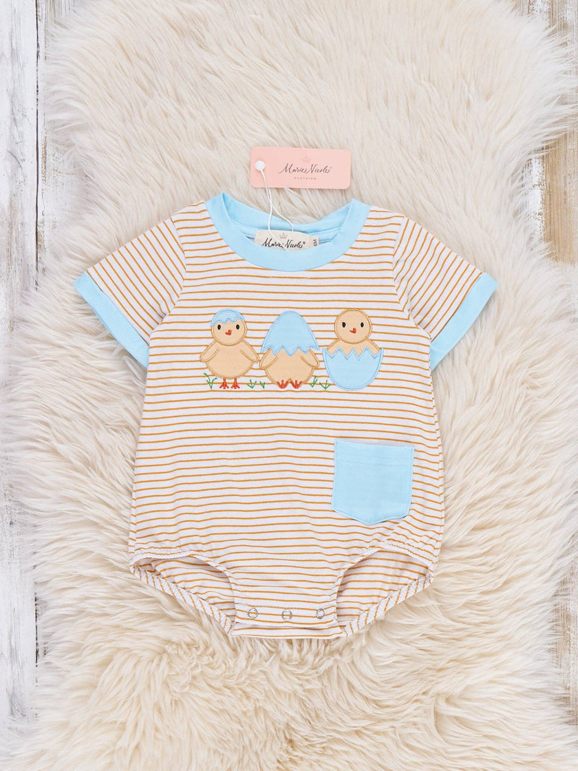 Peeping Chicks Striped Embroidered Cotton Onesie