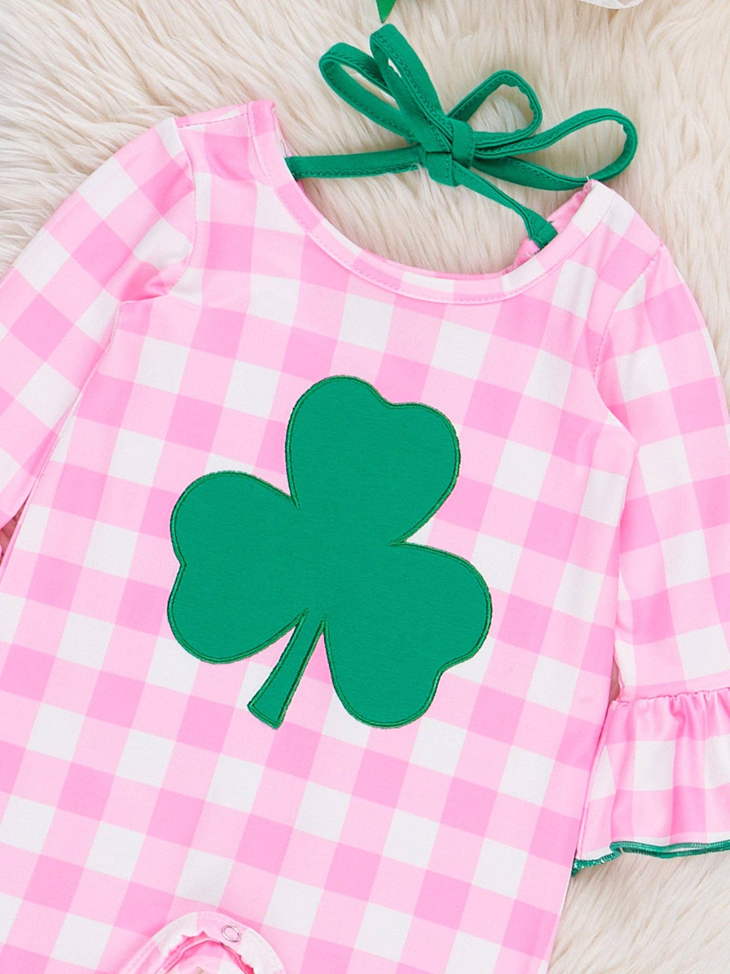 Gingham Embroidered Shamrock Ruffle Romper