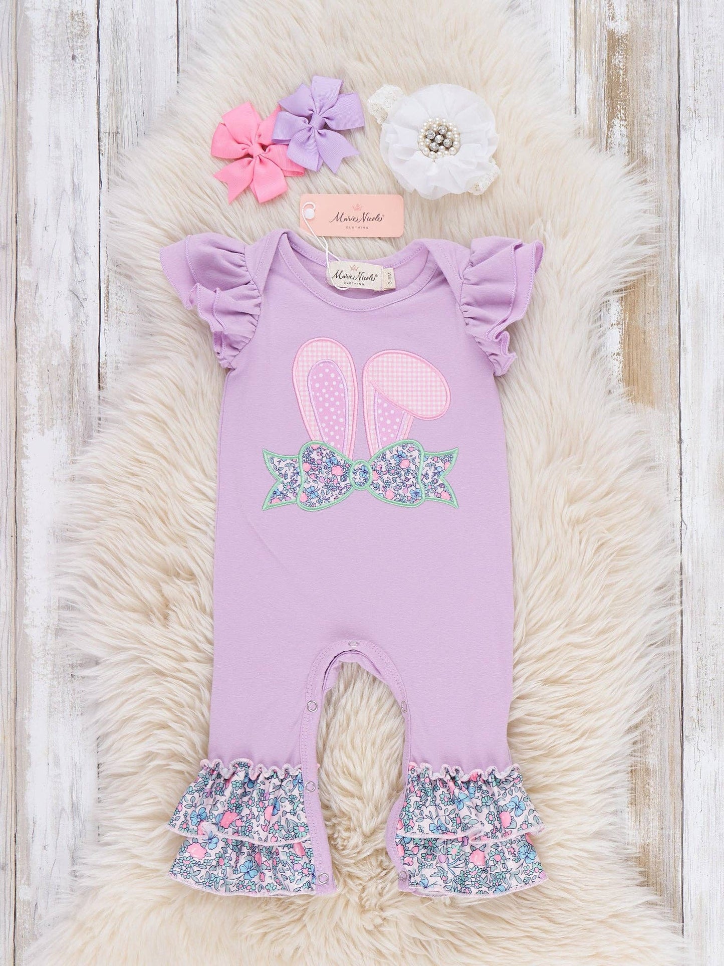 Floral Bunny Ears Embroidered Ruffle Romper