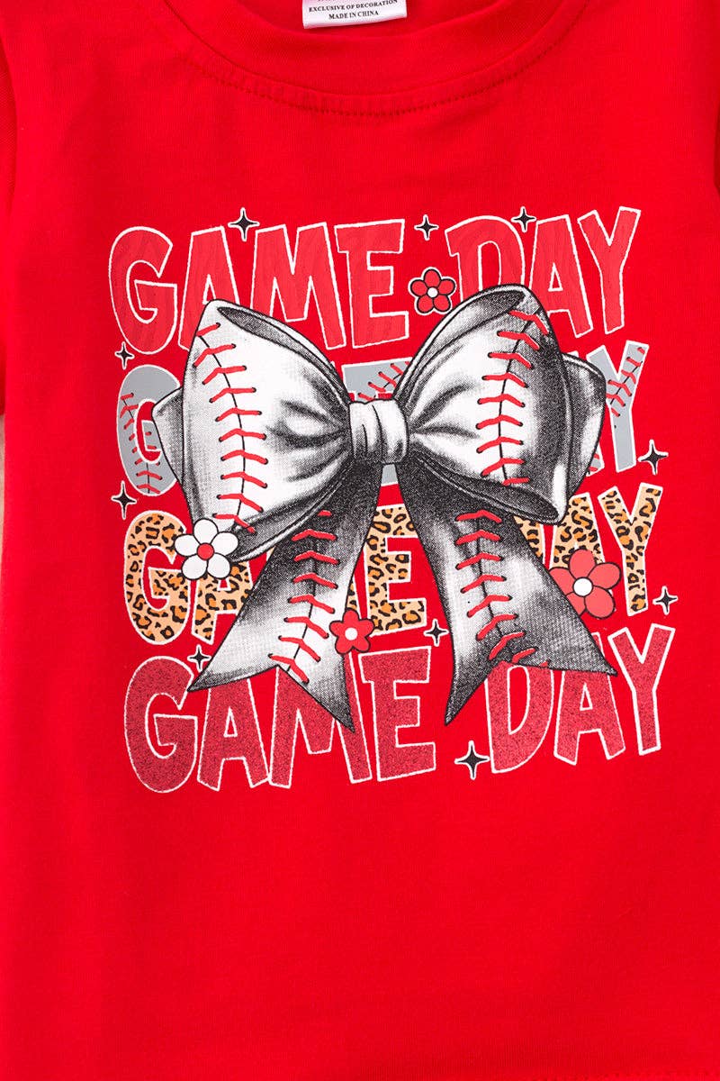 Game Day" Red baseball tee & white shorts.