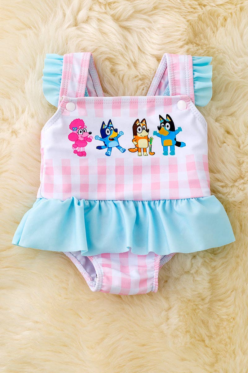 Super Cute gingham/character printed baby swimsuit.