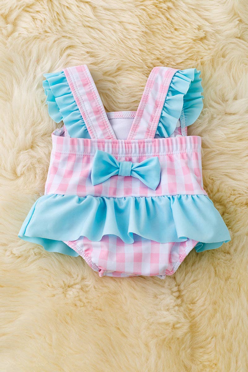 Super Cute gingham/character printed baby swimsuit.
