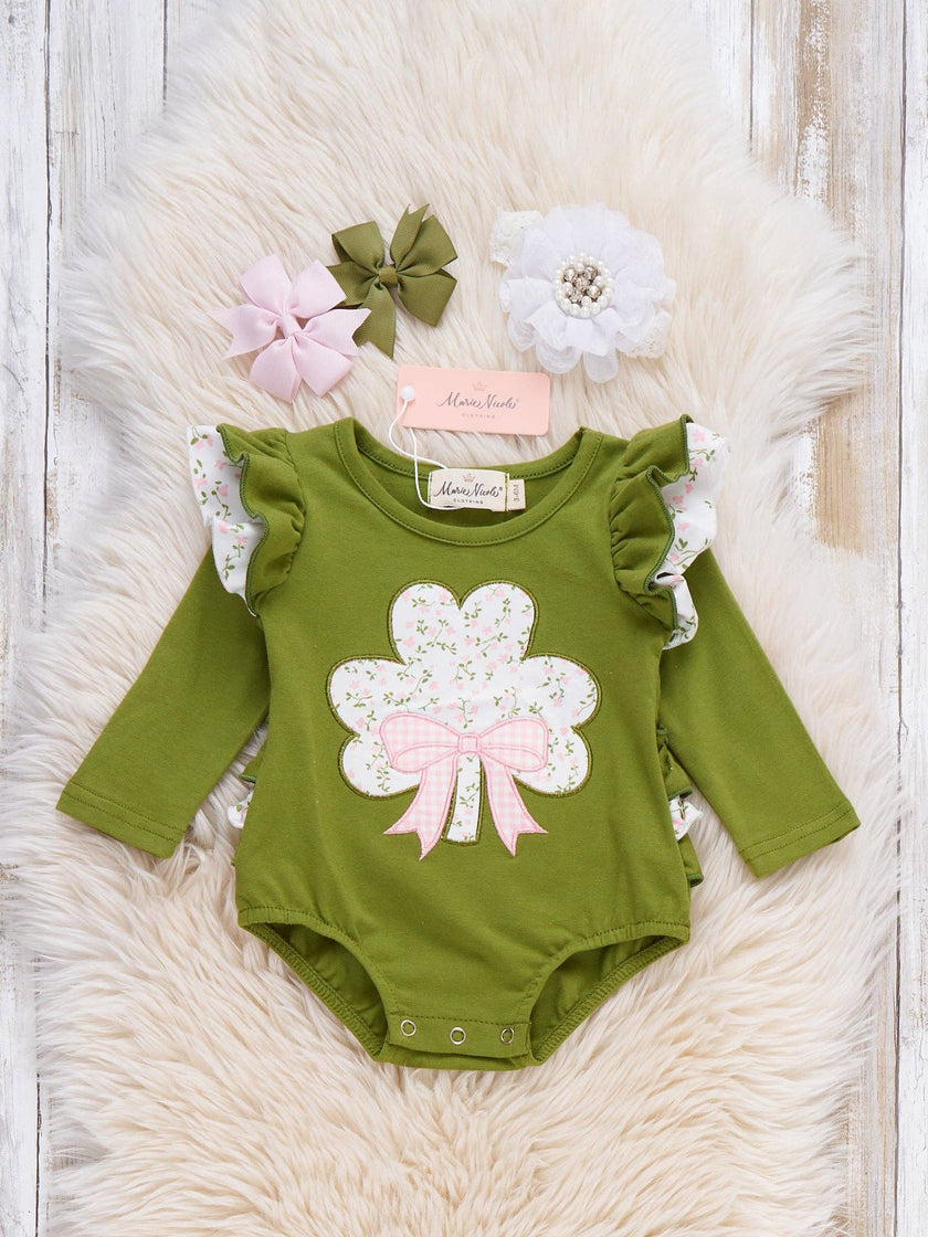Bow Blessings Shamrock Embroidered Romper