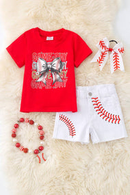 Game Day" Red baseball tee & white shorts.
