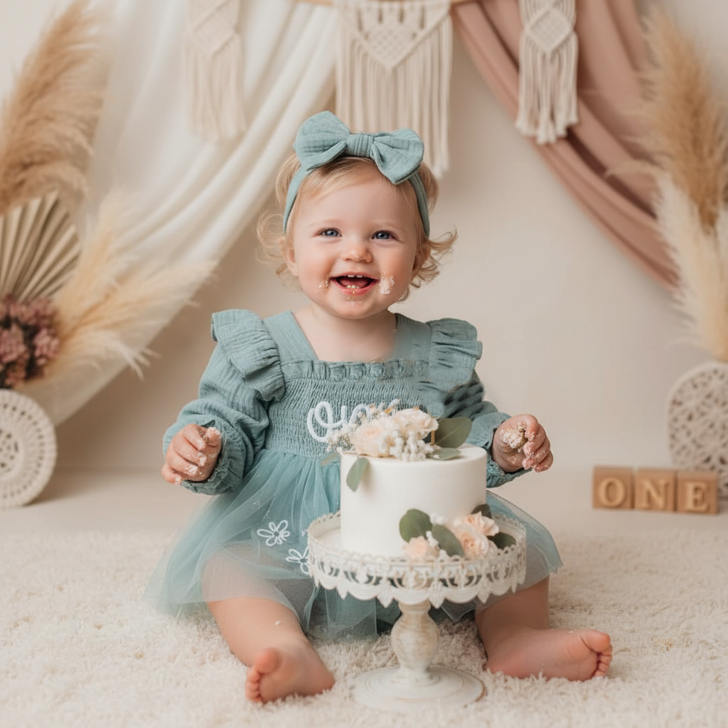 Baby Teal Long Sleeve Smocked “One” Birthday Romper Dress