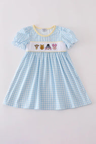 Blue character embroidery gingham dress