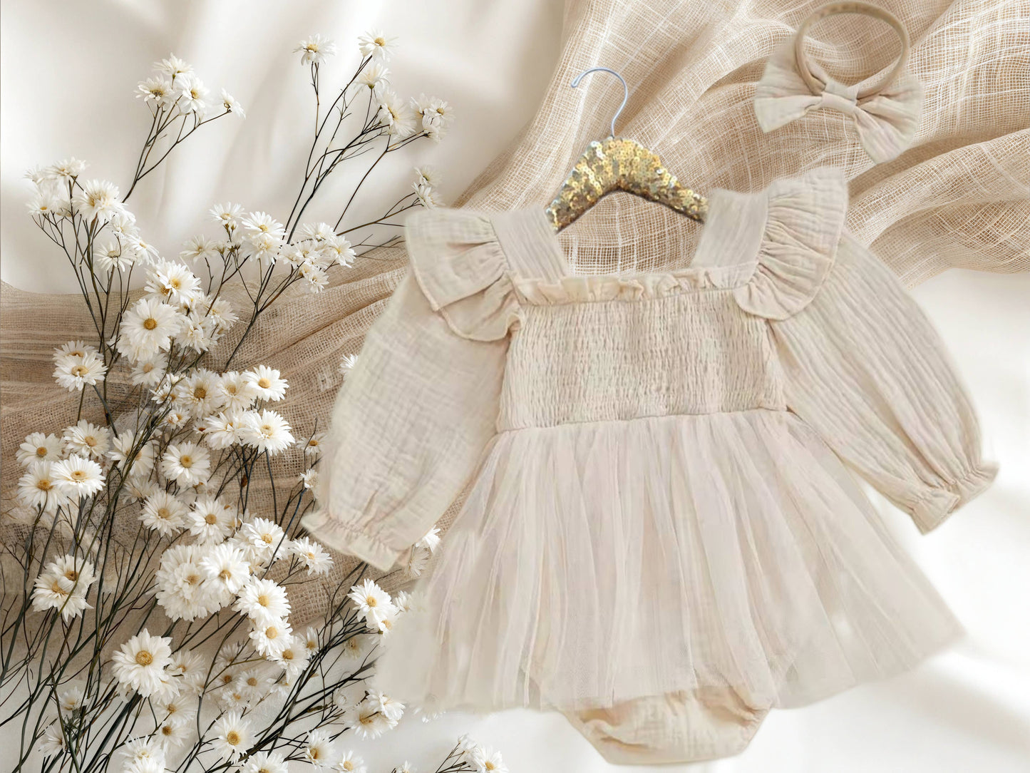 Baby Cream Long Sleeve Smocked “One” Birthday Romper Dress