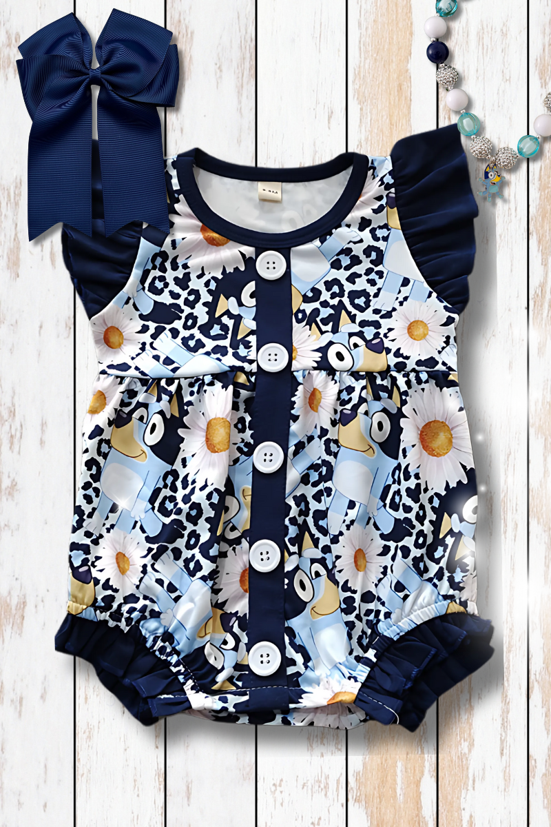 Blue* angel sleeve & ruffle hem baby romper.