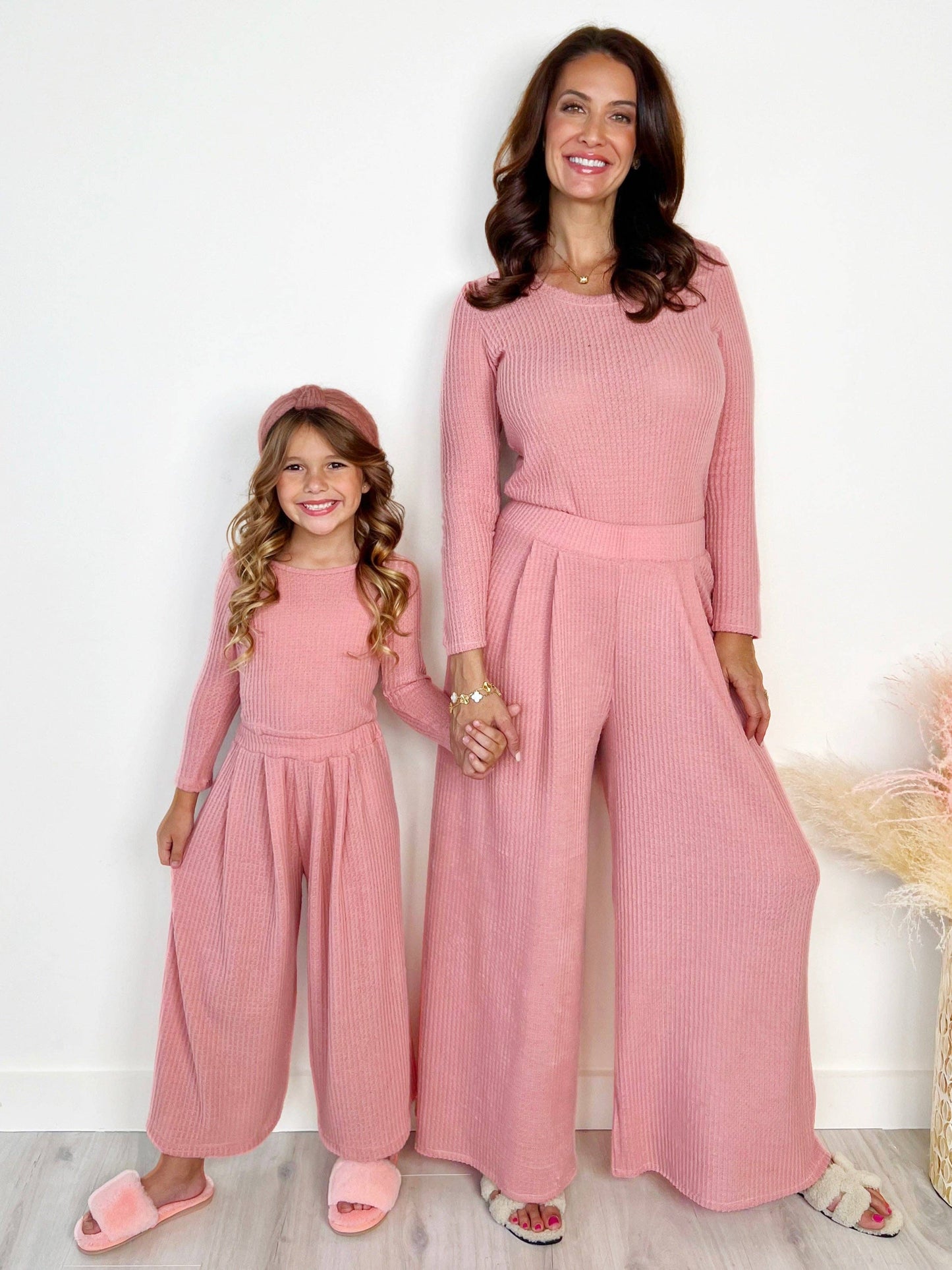 Mommy and Me Chic Pink Waffle Knit Pant Set: Pink