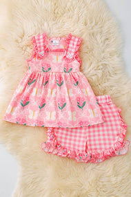 Pink butterfly/floral printed gingham girls 2 piece set.