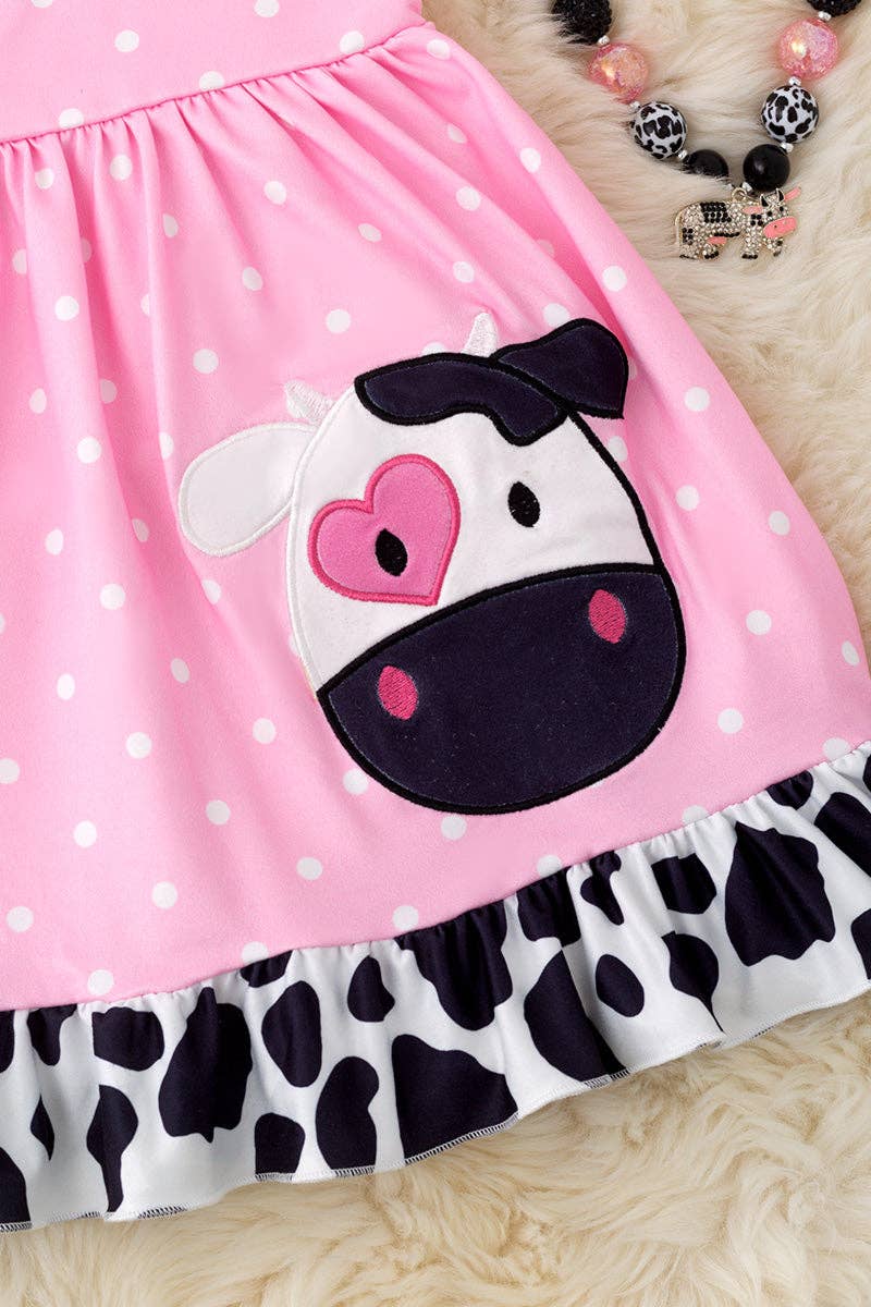 Pink polka dot cow applique dress w/ruffle trim