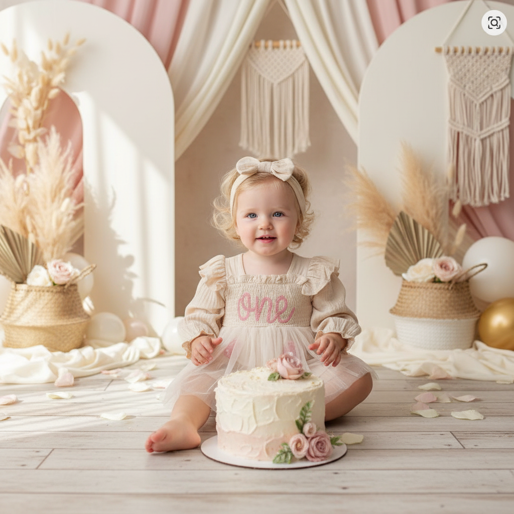 Baby Cream Long Sleeve Smocked “One” Birthday Romper Dress