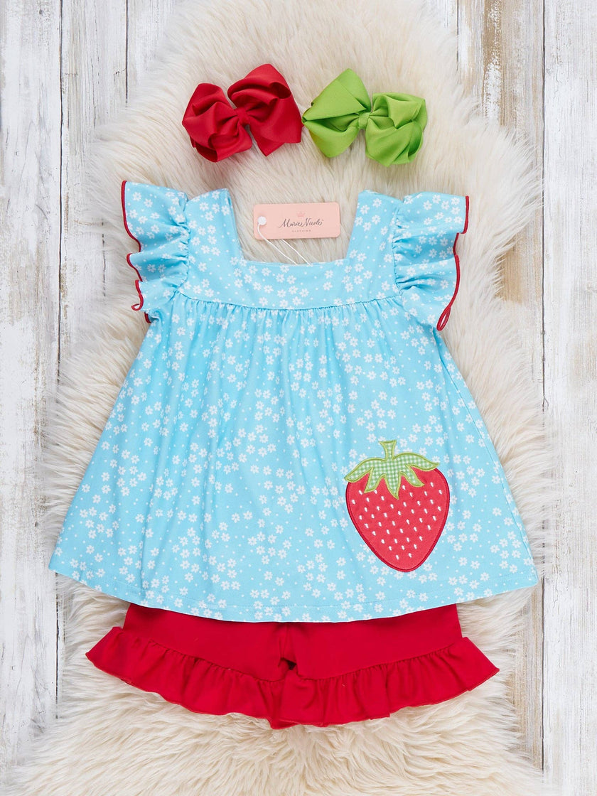 Sweet Strawberry Sky Embroidered Ruffle Outfit
