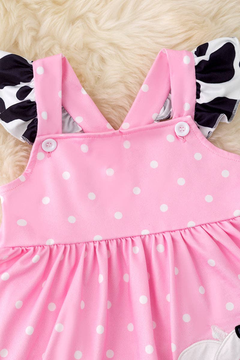 Pink polka dot cow applique dress w/ruffle trim