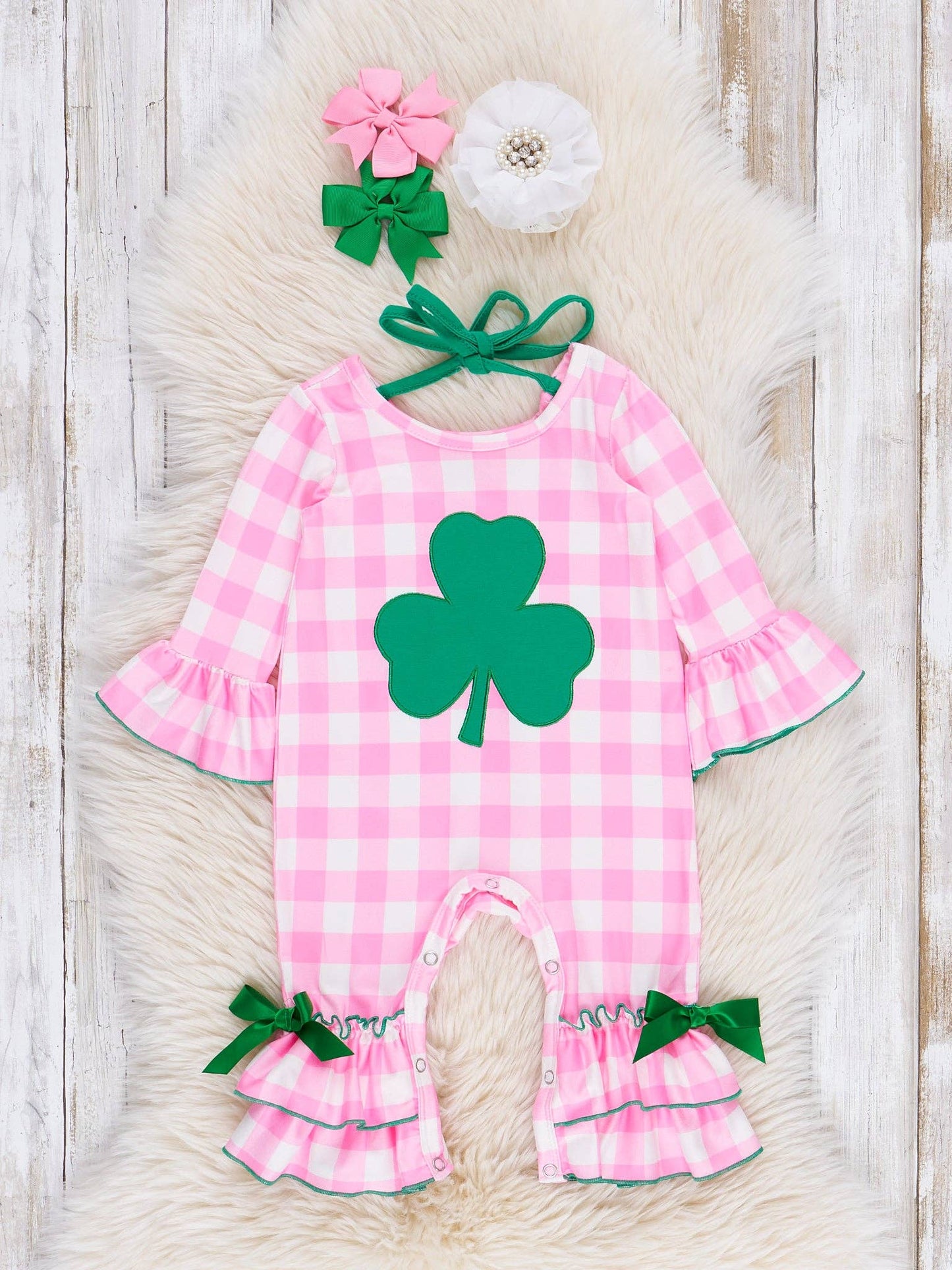 Gingham Embroidered Shamrock Ruffle Romper