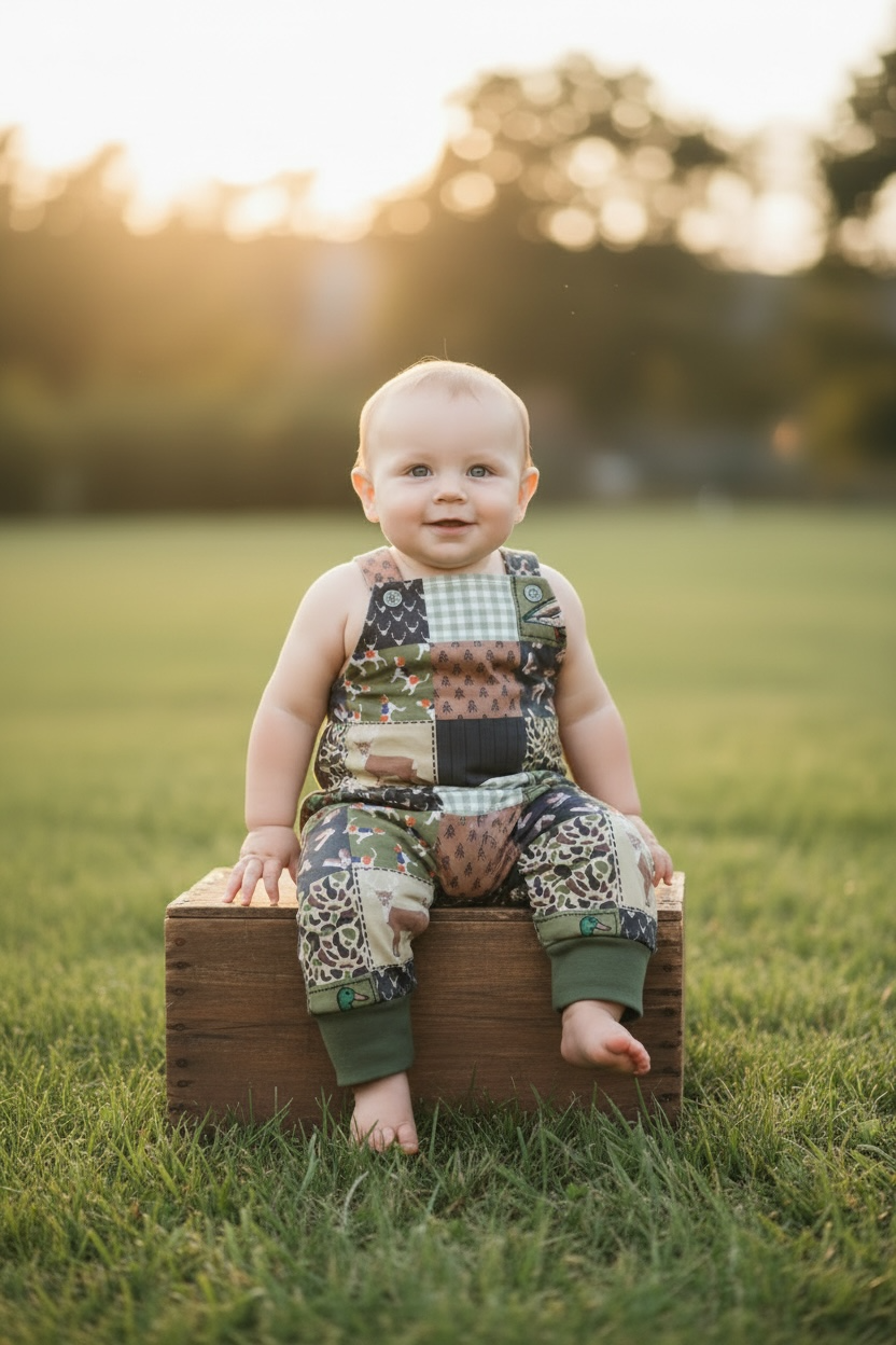 Duck hunt multi-printed path baby romper.